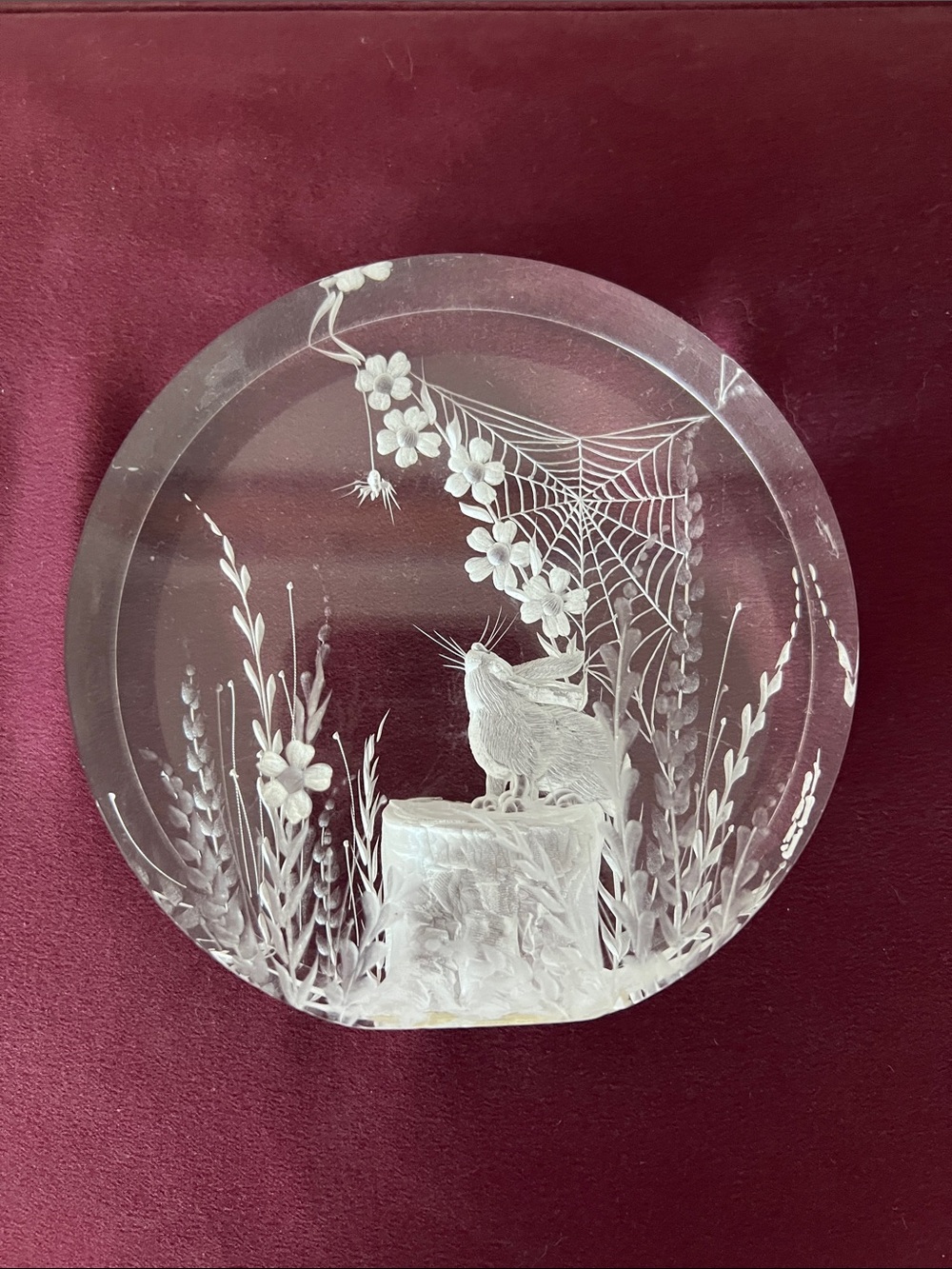 Clear Glass Etched Rabbit Decorative Plaque in White